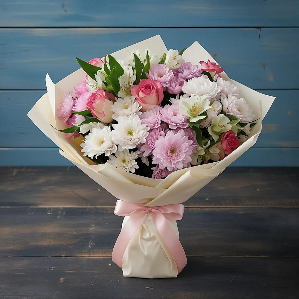 Букет цветов из: Хризантемы, Альстромерии и Розы в Амурске